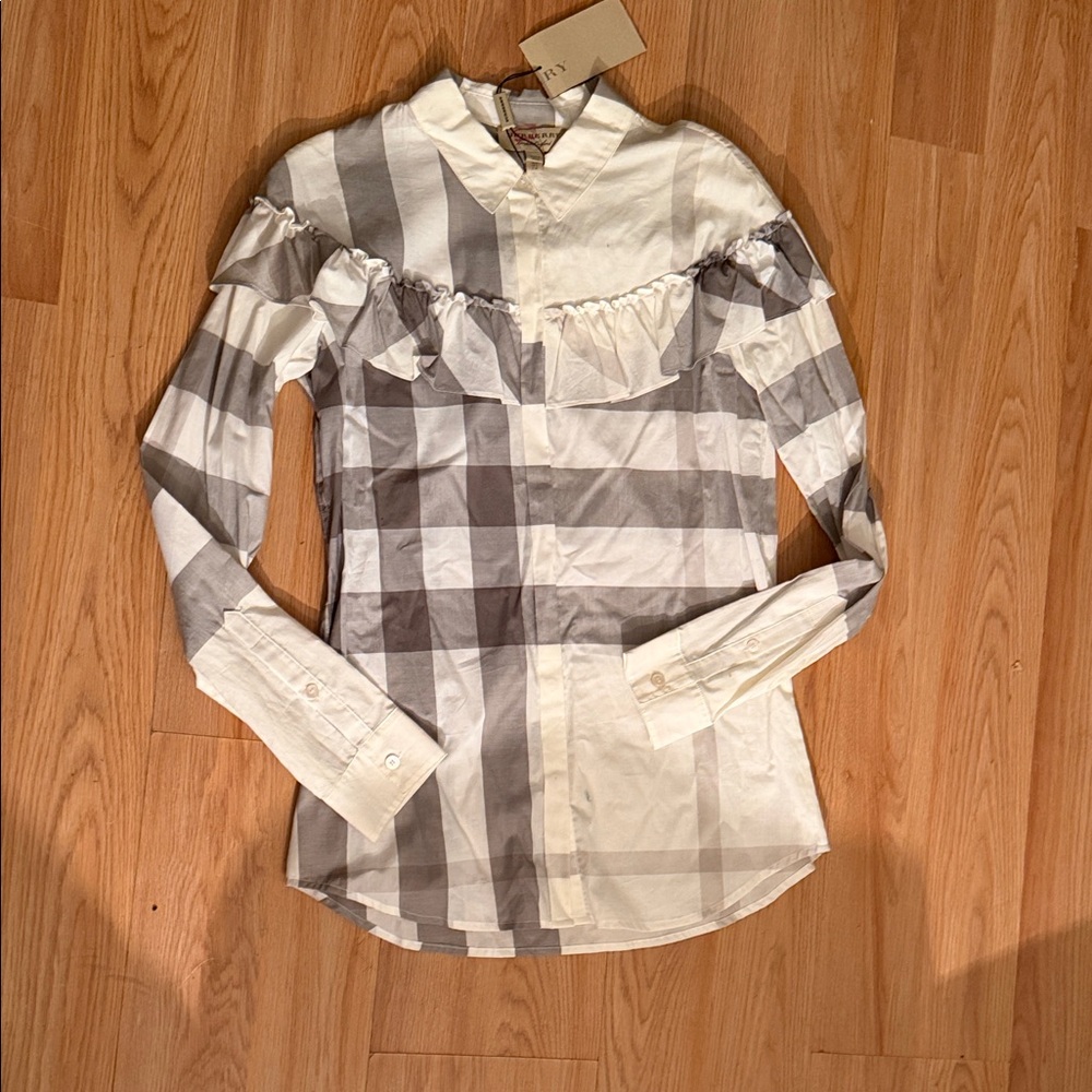 Burberry Gray and White Checkered Ruffle Shirt